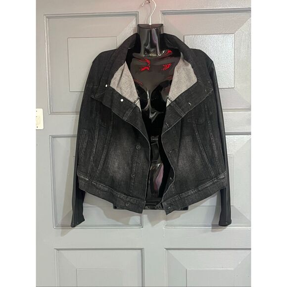 DKNY Draped Front Faux Leather Sleeve Black Jean Denim Jacket M - Picture 1 of 10